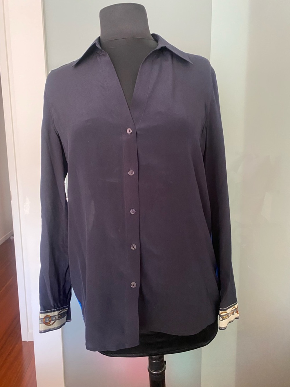 Classic Navy Button-Front Blouse with Patterned Cuffs